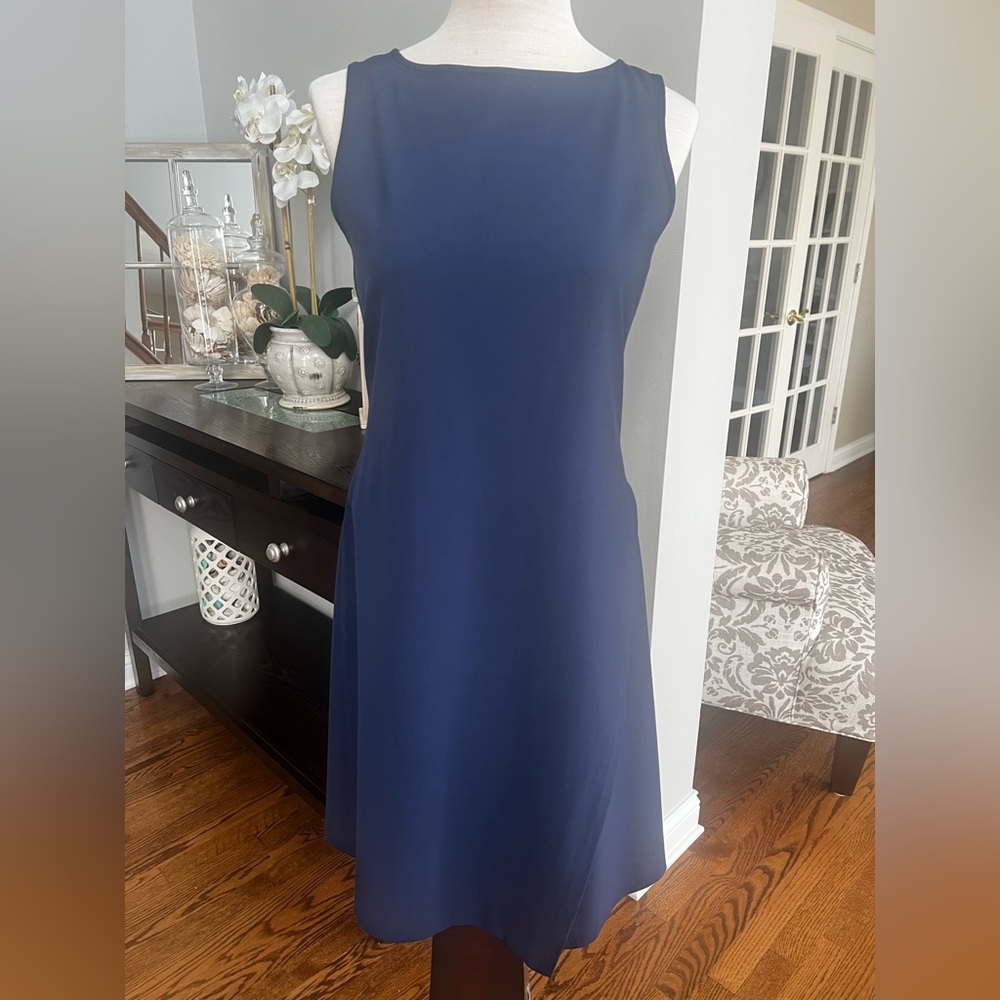 EUC Theory Risbana lined dress virgin wool, faux wrap navy zip back sleeveless 6